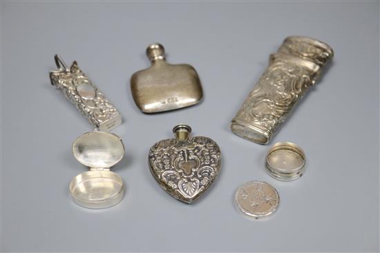 A 19th century embossed white metal etui (probably French) and five other small silver items, approx 3oz (gross)